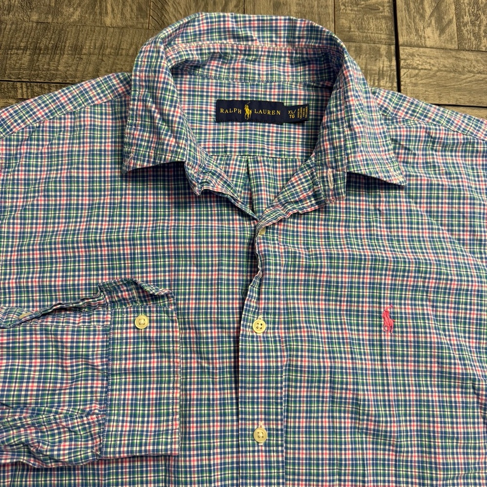 Ralph Lauren Oxford XL Casual Button Down‎ Easter Blue/Pink Plaid Dress Shirt